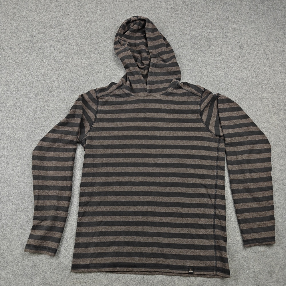 PrAna Hoodie Mens Medium Brown Striped Pullover Hooded Lightweight Jersey
